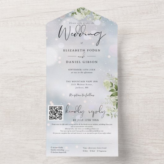 Wintergroen Bloemen QR Code Bruiloft All In One Uitnodiging (Binnen)