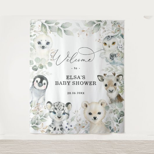 Wintergroen Goud Arctische Dieren Baby Welkom Wandkleed (Voorkant)