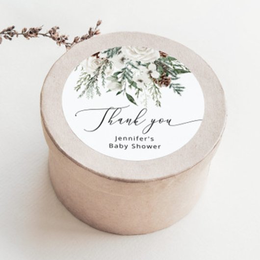 Wintergroenblijvende dennenboom baby shower ronde sticker