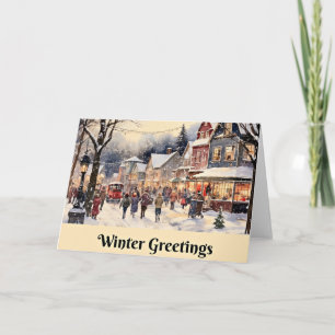 Wintergroeten, besneeuwde stadsstraat, kaart