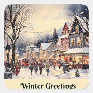 Wintergroeten, besneeuwde stadsstraat, vierkante sticker