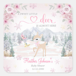 Winterhertje Roze Sneeuwvlok Baby Shower Vierkante Sticker
