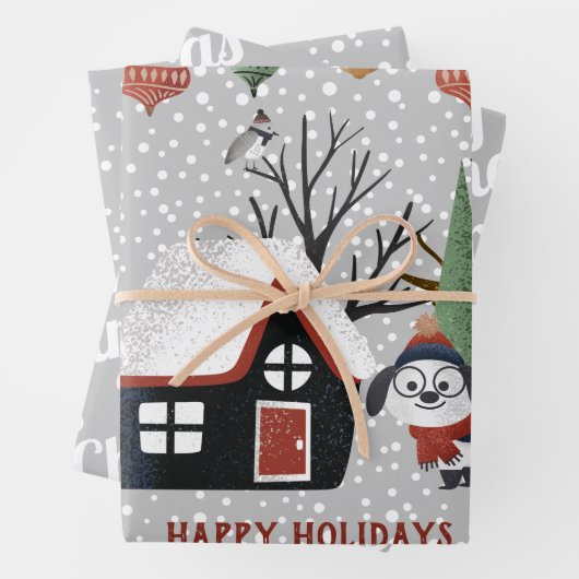 Winterhond, Vrolijk kerstfeest en sneeuwvlokken Inpakpapier Vel (In situ)