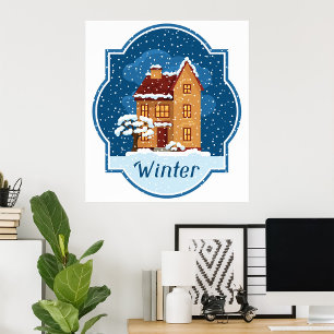 Winterhuis in de sneeuw poster