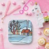 Winterhuis Landschap Papieren Bordje (Feest)