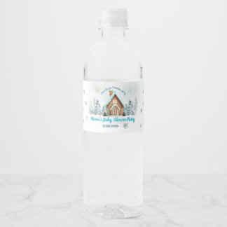 Winterhuis van gemberkoek Blauwe Baby Shower Waterfles Etiket