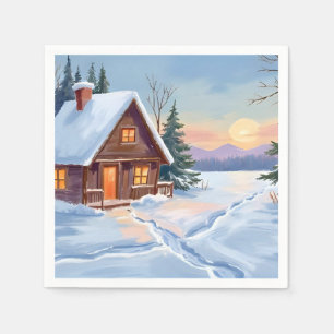 Winterhut Berg Sneeuw Aquarel Servet