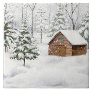 Winterhut in besneeuwd bos aquarel tegeltje