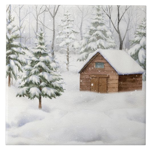 Winterhut in besneeuwd bos aquarel tegeltje (Voorkant)
