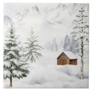 Winterhut in besneeuwd bos aquarel tegeltje