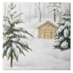 Winterhut in besneeuwd bos aquarel tegeltje