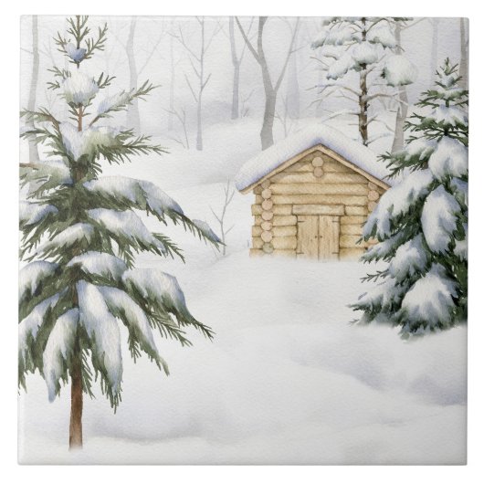 Winterhut in besneeuwd bos aquarel tegeltje (Voorkant)