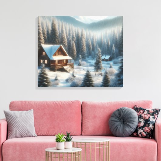 Winterhut in het bos canvas afdruk (Insitu (Woonkamer))