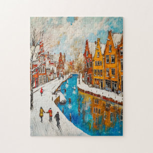 Winterkanaal met besneeuwde straten en kleurrijke legpuzzel