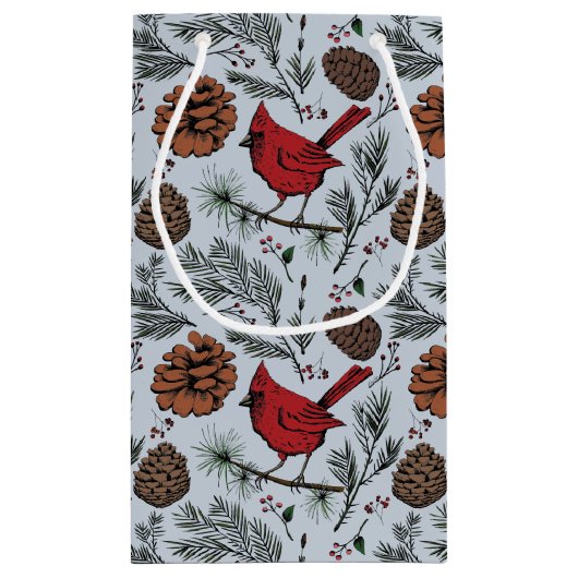 Winterkardinaal, dennenappels, rode bessen blauw klein cadeauzakje (Achterkant)