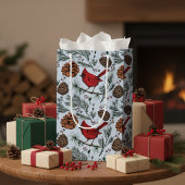 Winterkardinaal, dennenappels, rode bessen blauw klein cadeauzakje