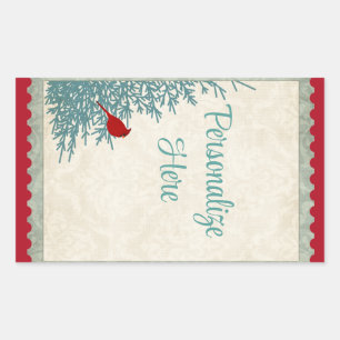 Winterkardinaal in damast rood goud rechthoekige sticker