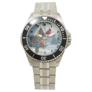 Winterkardinaal op een feestelijk vogelhuisje horloge