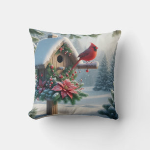 Winterkardinaal op een feestelijk vogelhuisje kussen