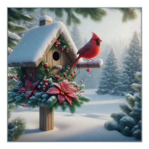 Winterkardinaal op een feestelijk vogelhuisje perfect poster
