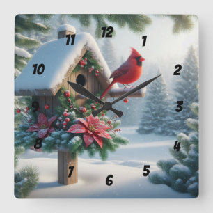 Winterkardinaal op een feestelijk vogelhuisje vierkante klok