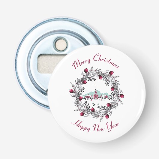  Winterkerkscène met kerstmis Button Flesopener (Voorkant)