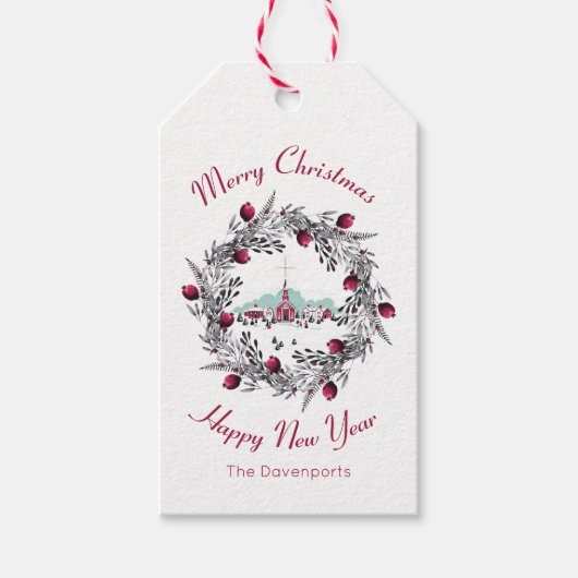 Winterkerkscène met kerstmis Cadeaulabel (Voorkant)