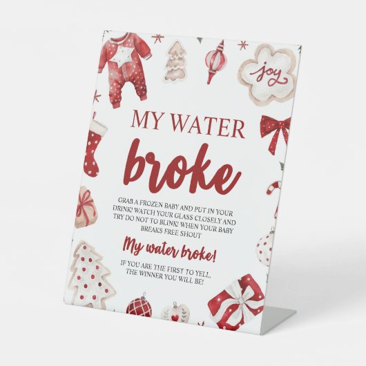 Winterkerst Mijn Water Broke Baby shower Game Reclamebord Met Voetstuk (Voorkant)