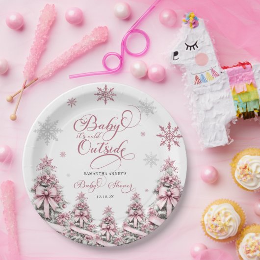 Winterkerstbomen Sneeuwvlokken Roze Baby shower Papieren Bordje (Feest)
