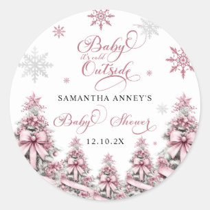 Winterkerstbomen Sneeuwvlokken Roze Baby shower Ronde Sticker