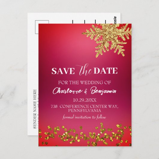 Winterkerstrood huwelijk sparen de datum briefkaart (Voorkant / Achterkant)