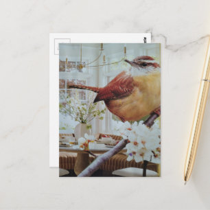 Winterkoning in de eetkamer Surrealistische collag Briefkaart