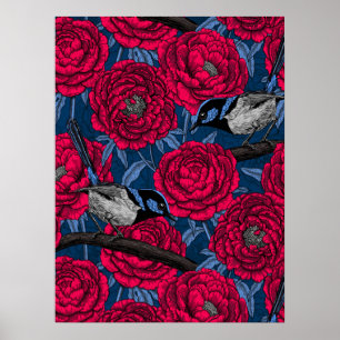 Winterkoninkjes in de pioenrozen poster