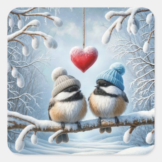 Winterkuikens met rood hart vierkante sticker (Voorkant)