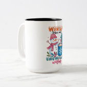 Winterkussen en sneeuwvlok wensen tweekleurige koffiemok (Voorkant links)