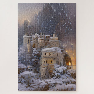 Winterland, kasteel in sneeuw, retro Castle Painti Legpuzzel