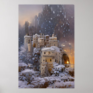 Winterland, kasteel in sneeuw, retro Castle Painti Poster