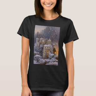 Winterland, kasteel in sneeuw, retro Castle Painti T-shirt