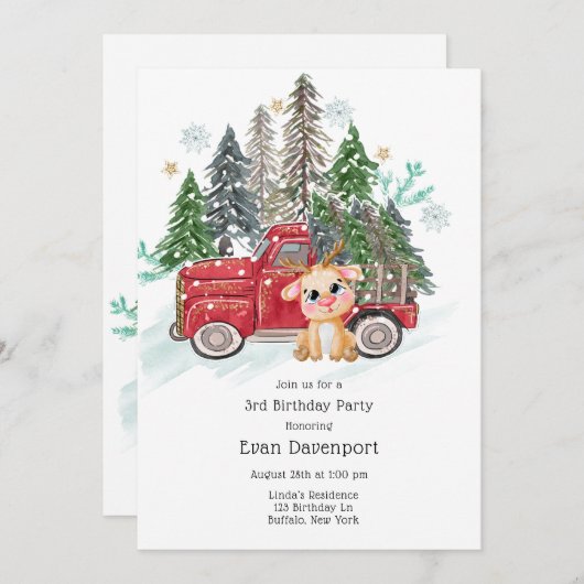 Winterland Vrachtwagen en Baby Rudolph Verjaardags Kaart (Voorkant / Achterkant)