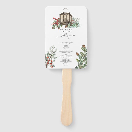 Winterlandelijke dennenboom lantaarn huwelijksprog handwaaier (Voorkant)