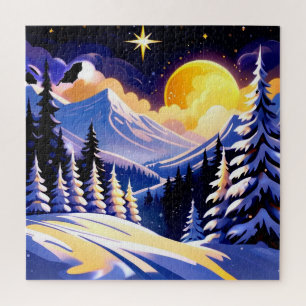 Winterlandschap bij nacht met besneeuwde bergen legpuzzel