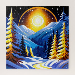 Winterlandschap bij nacht met besneeuwde bergen legpuzzel