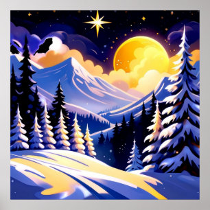 Winterlandschap bij nacht met besneeuwde bergen poster