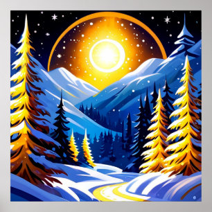 Winterlandschap bij nacht met besneeuwde bergen poster