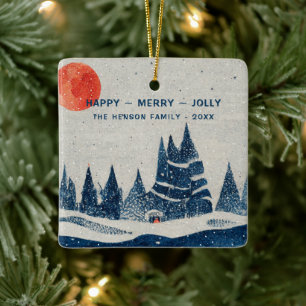 Winterlandschap bos maan marineblauw tekening keramisch ornament