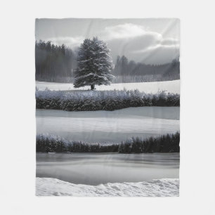 Winterlandschap en -boom, zwart-wit - kunst fleece deken