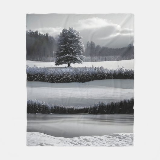 Winterlandschap en -boom, zwart-wit - kunst fleece deken (Voorkant)