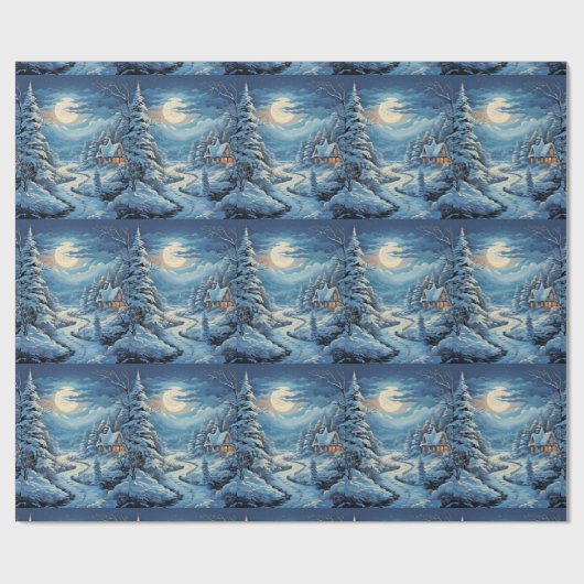 Winterlandschap Houten Hut Dennenbomen Rivier Cadeaupapier (Vlak)