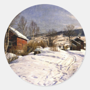 Winterlandschap in Lillehammer, fijne kunstschilde Ronde Sticker