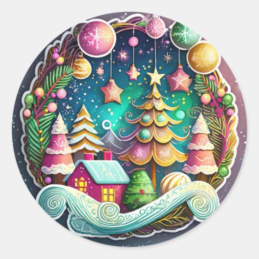 Winterlandschap Kerstkrans Ronde Sticker (Voorkant)